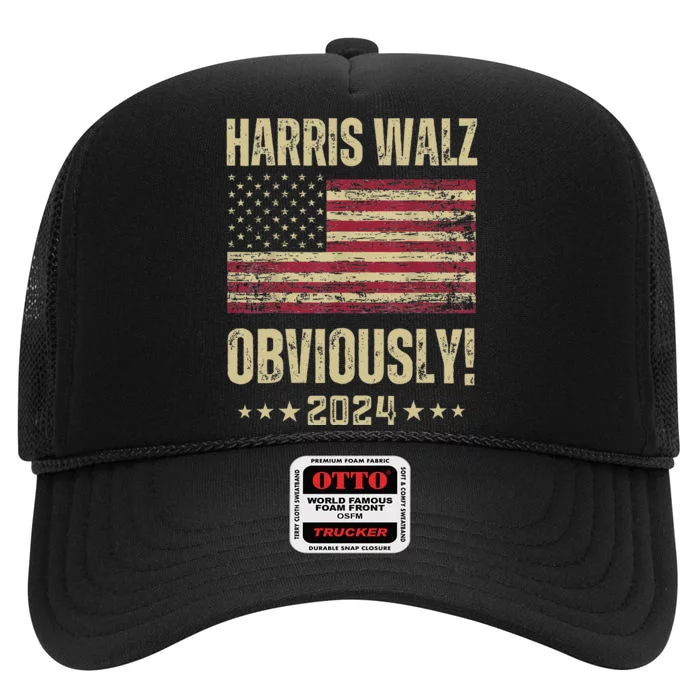 Retro Harris Walz Obviously 2024 Vintage American Flag High Crown Mesh Trucker Hat