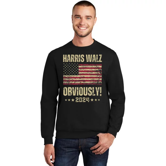 Retro Harris Walz Obviously 2024 Vintage American Flag Tall Sweatshirt