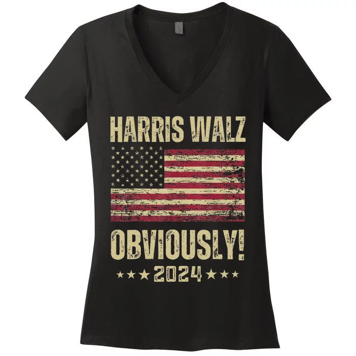 Retro Harris Walz Obviously 2024 Vintage American Flag Women's V-Neck T-Shirt