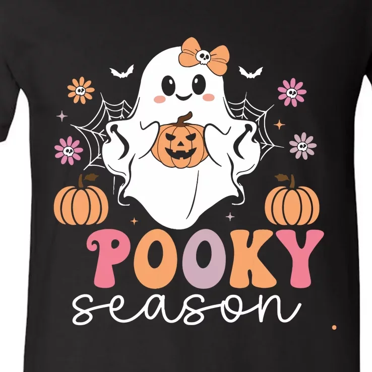 Retro Halloween Women Girl Spooky Season Cute Floral Ghost V-Neck T-Shirt