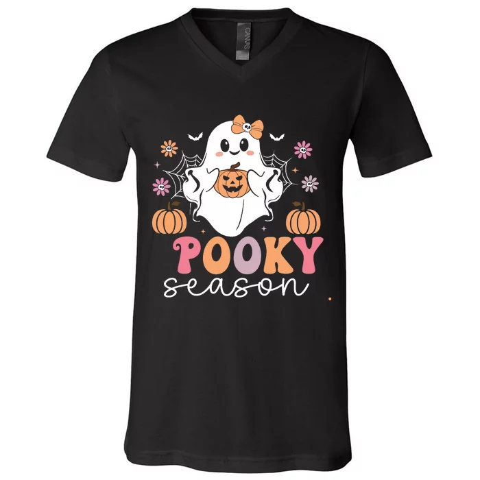 Retro Halloween Women Girl Spooky Season Cute Floral Ghost V-Neck T-Shirt