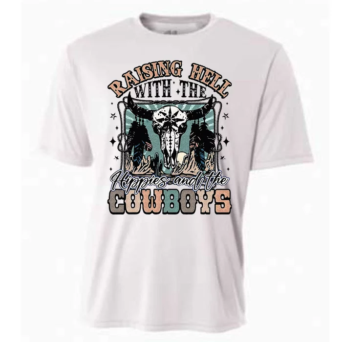 Raising Hell With The Hippies And Cow Western Cowgirl Cooling Performance Crew T-Shirt