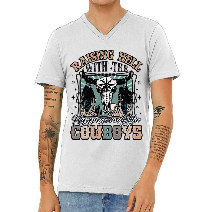 Raising Hell With The Hippies And Cow Western Cowgirl V-Neck T-Shirt