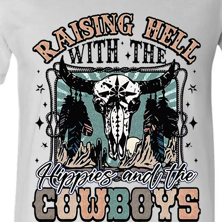 Raising Hell With The Hippies And Cow Western Cowgirl V-Neck T-Shirt