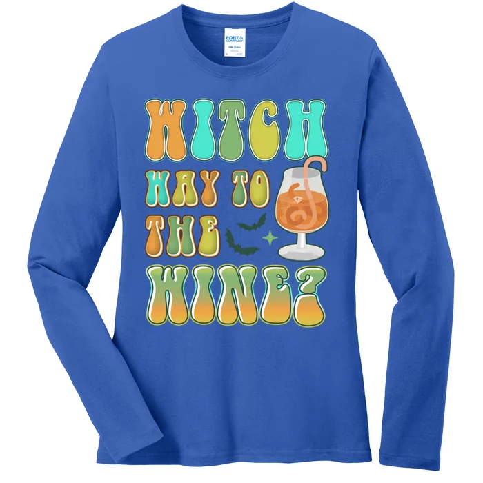 Retro Halloween Witch Way To The Wine Gift Ladies Long Sleeve Shirt