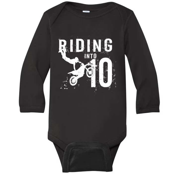 Riding Into 10 Years Old 10th Birthday Boy Dirt Bike Party Baby Long Sleeve Bodysuit