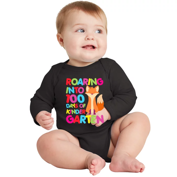 Roaring Into 100 Days Kindergarten Funny Fox Boy Baby Long Sleeve Bodysuit