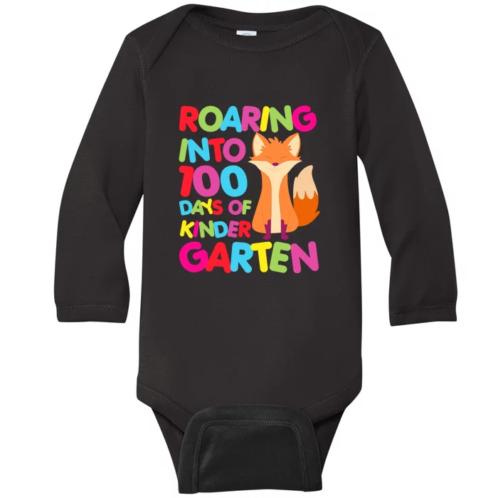 Roaring Into 100 Days Kindergarten Funny Fox Boy Baby Long Sleeve Bodysuit