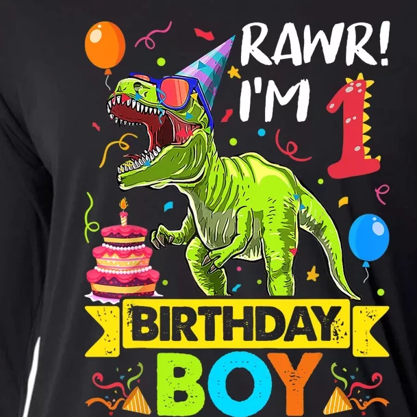 Rawr I'm 1st Birthday Boy Dinosaur Trex 1 Years Old Party Cooling Performance Long Sleeve Crew