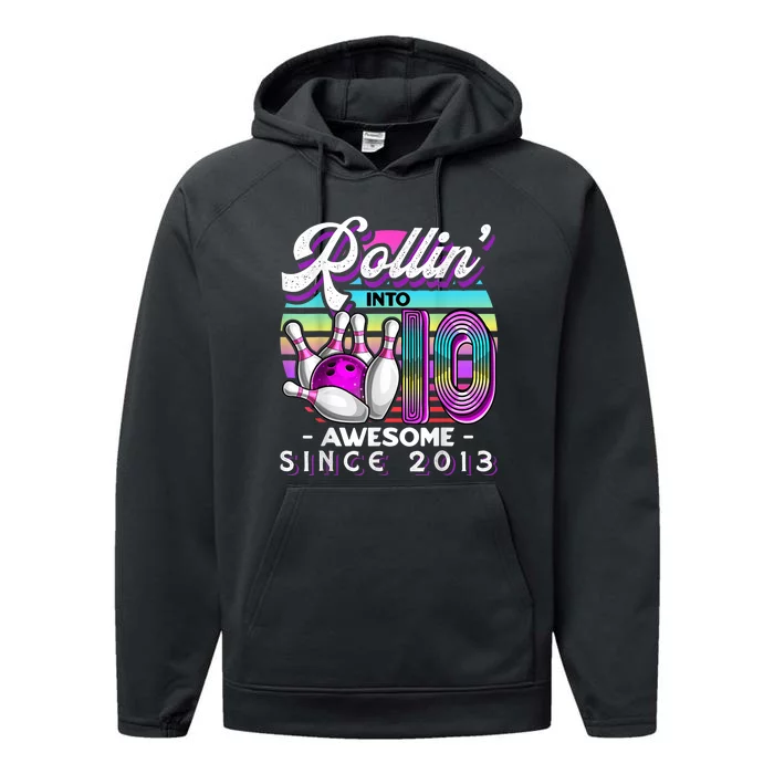 Rollin' into 10 Awesome 2013 Retro Bowling 10th Birthday Performance Fleece Hoodie