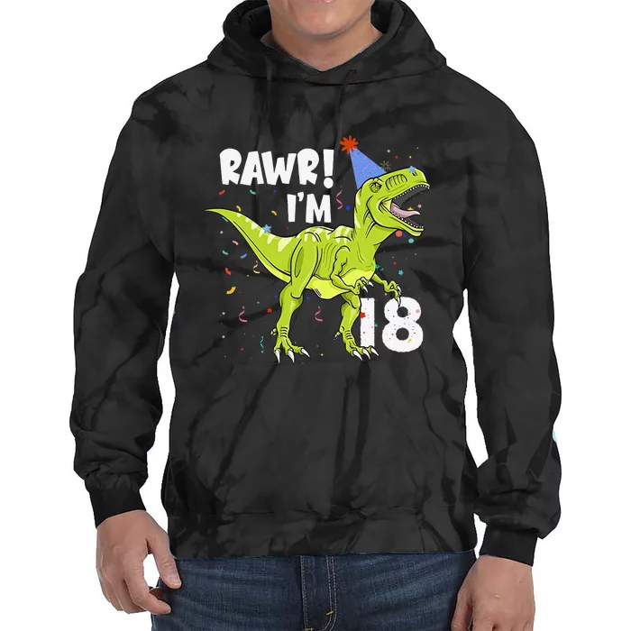 Rawr I'm 18 Birthday T Rex Dinosaur Party Gift For Tie Dye Hoodie