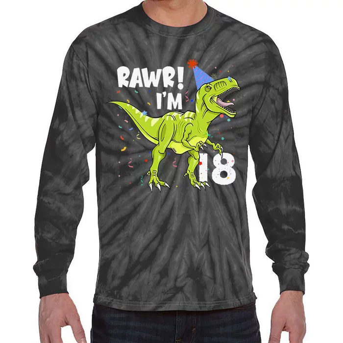 Rawr I'm 18 Birthday T Rex Dinosaur Party Gift For Tie-Dye Long Sleeve Shirt