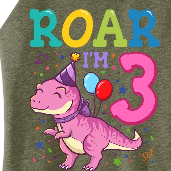 Roar Im 3 Year Old Dinosaur Girl 3rd Birthday Party Women’s Perfect Tri Rocker Tank