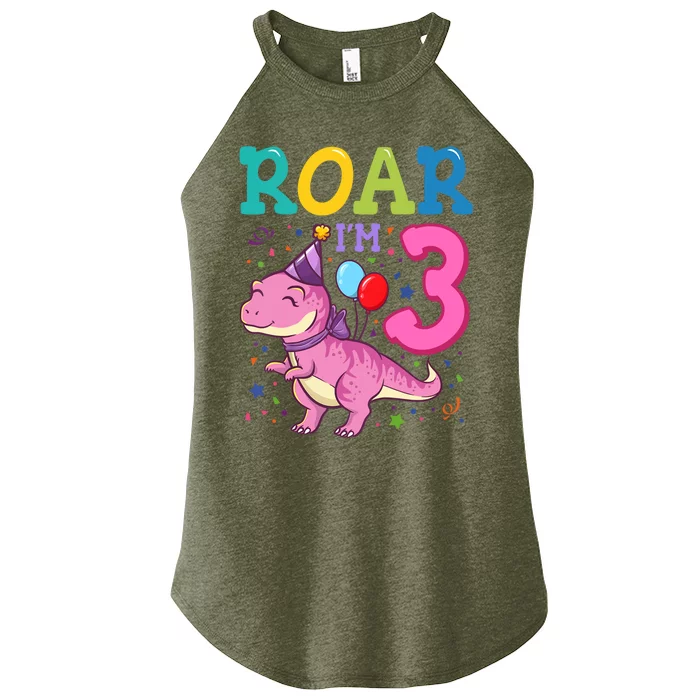 Roar Im 3 Year Old Dinosaur Girl 3rd Birthday Party Women’s Perfect Tri Rocker Tank