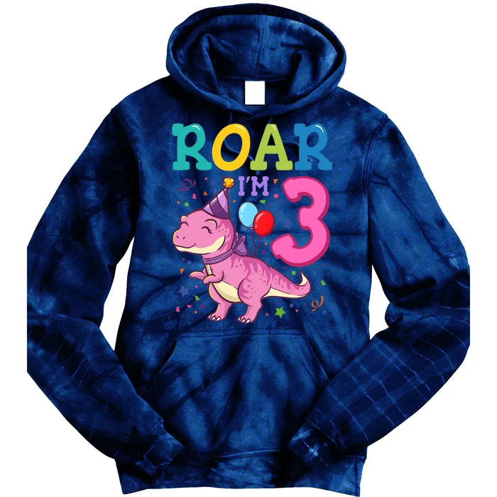 Roar Im 3 Year Old Dinosaur Girl 3rd Birthday Party Tie Dye Hoodie