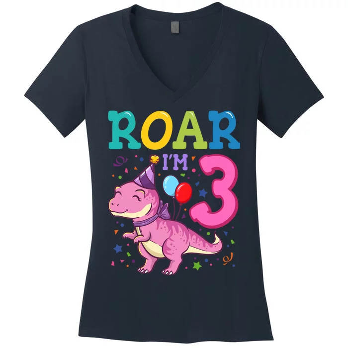 Roar Im 3 Year Old Dinosaur Girl 3rd Birthday Party Women's V-Neck T-Shirt