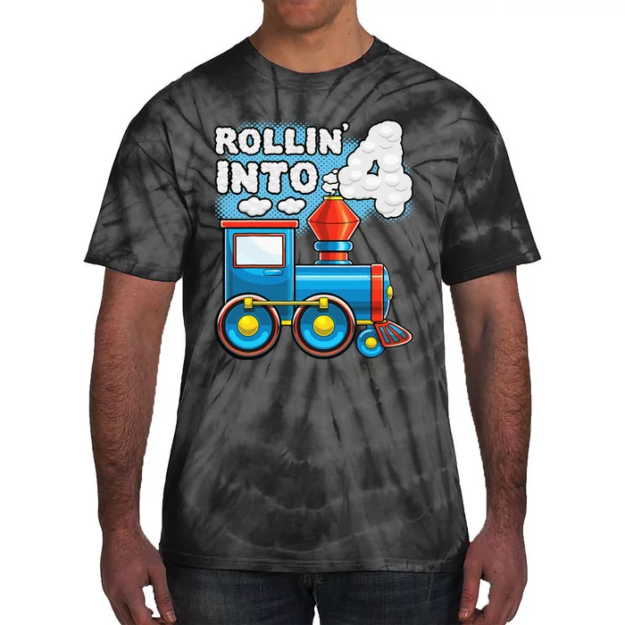 Rollin Into 4 Train 4th Birthday Party Supply Birthday Boy Tie-Dye T-Shirt