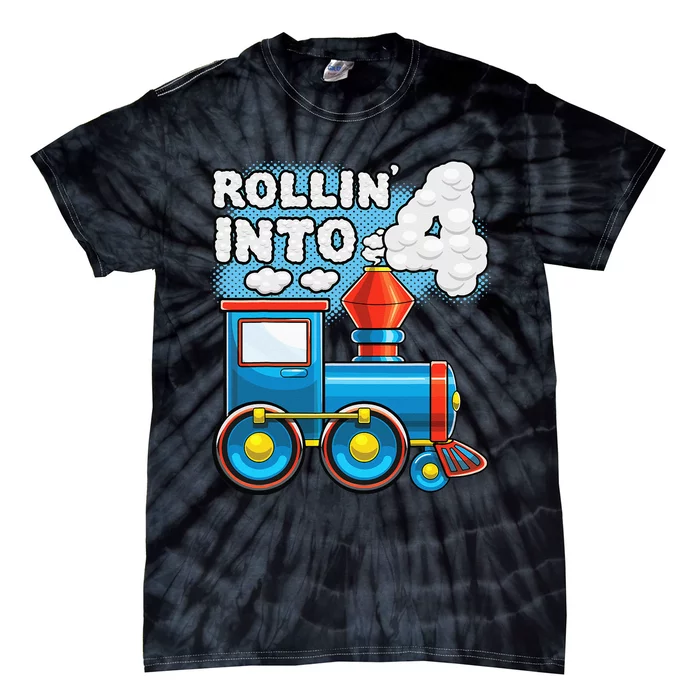 Rollin Into 4 Train 4th Birthday Party Supply Birthday Boy Tie-Dye T-Shirt