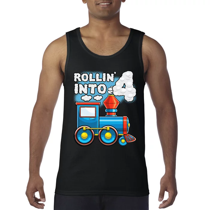 Rollin Into 4 Train 4th Birthday Party Supply Birthday Boy Tank Top