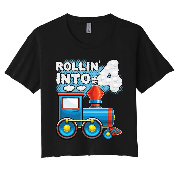 Rollin Into 4 Train 4th Birthday Party Supply Birthday Boy Women's Crop Top Tee