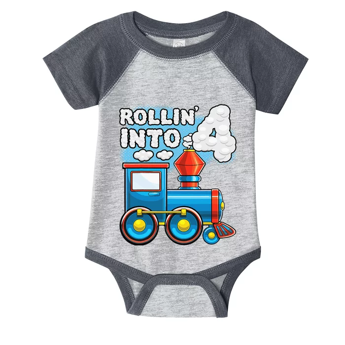 Rollin Into 4 Train 4th Birthday Party Supply Birthday Boy Infant Baby Jersey Bodysuit