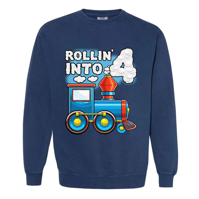 Rollin Into 4 Train 4th Birthday Party Supply Birthday Boy Garment-Dyed Sweatshirt