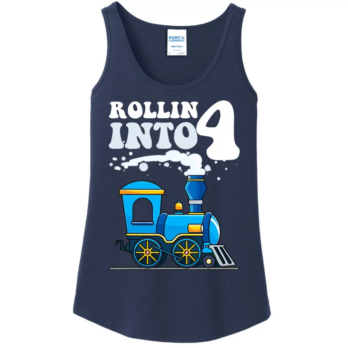 Rollin Into 4 Train 4th Birthday Party Four Years Old Boy Ladies Essential Tank