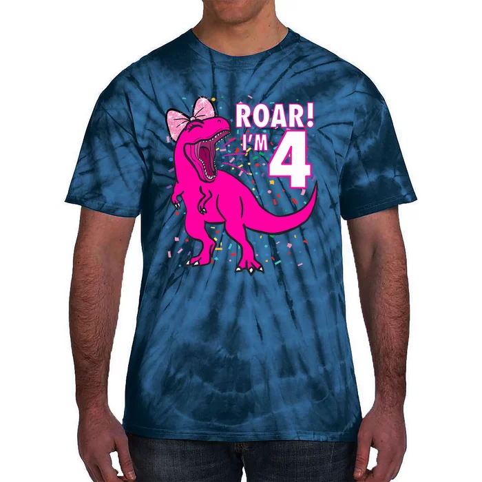 Roar i'm 4 (four year old dinosaur birthday) 4th Dino Theme Tie-Dye T-Shirt