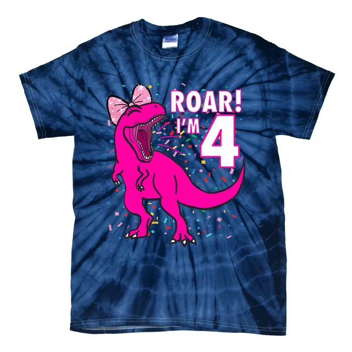 Roar i'm 4 (four year old dinosaur birthday) 4th Dino Theme Tie-Dye T-Shirt