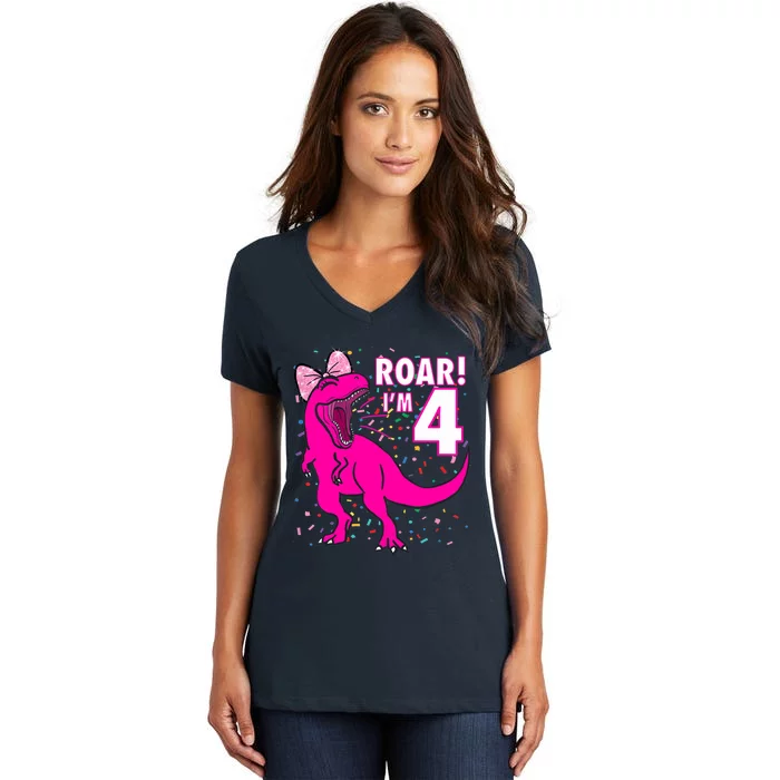 Roar i'm 4 (four year old dinosaur birthday) 4th Dino Theme Women's V-Neck T-Shirt