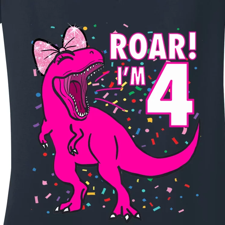 Roar i'm 4 (four year old dinosaur birthday) 4th Dino Theme Women's V-Neck T-Shirt