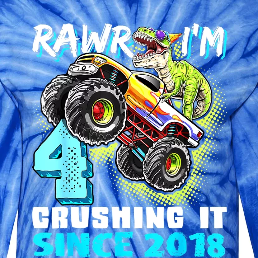 Rawr I'm 4 Monster Truck Dinosaur 4th Birthday Party Boys Tie-Dye Long Sleeve Shirt