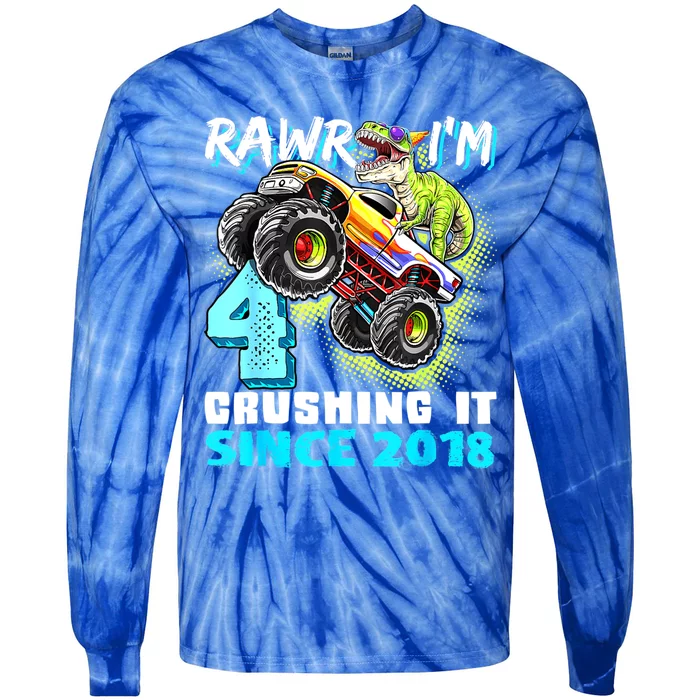 Rawr I'm 4 Monster Truck Dinosaur 4th Birthday Party Boys Tie-Dye Long Sleeve Shirt