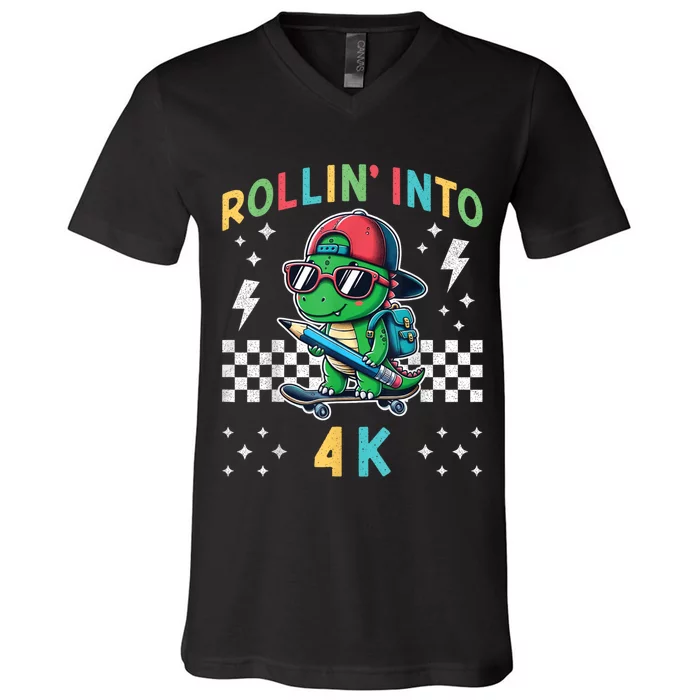 Rollin Into 4k Dinosaur First Day Of Pre K 4 Im Ready For 4k V-Neck T-Shirt