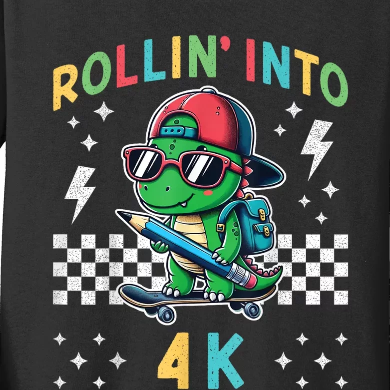 Rollin Into 4k Dinosaur First Day Of Pre K 4 Im Ready For 4k Kids Long Sleeve Shirt