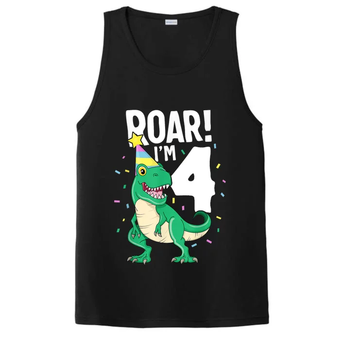 Roar I'm 4 T-Rex Birthday Dinosaur Happy Fourth 4th Party Performance Tank