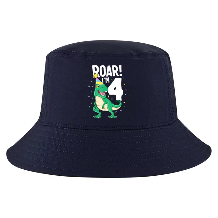 Roar I'm 4 T-Rex Birthday Dinosaur Happy Fourth 4th Party Cool Comfort Performance Bucket Hat