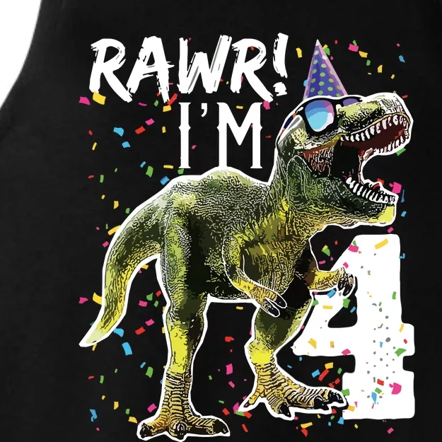 Rawr I'm 4 4th Birthday T Rex Dinosaur Party Ladies Tri-Blend Wicking Tank