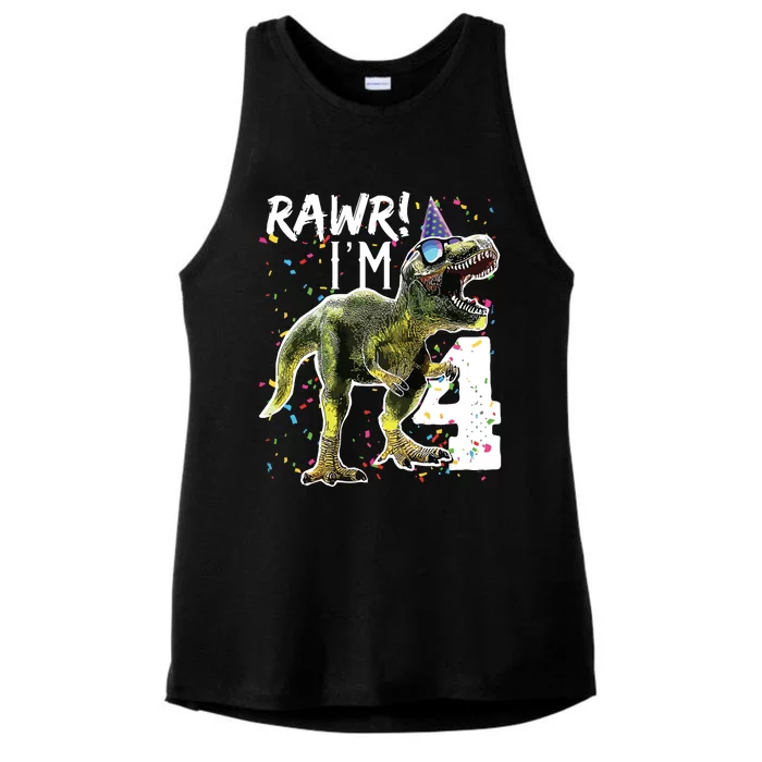 Rawr I'm 4 4th Birthday T Rex Dinosaur Party Ladies Tri-Blend Wicking Tank