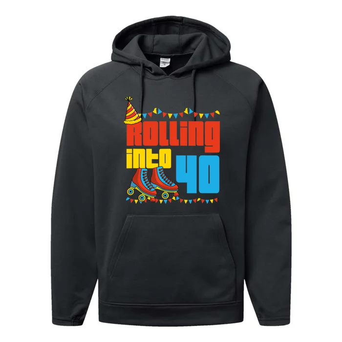 Rolling Into 40 Roller Skate 40th Birthday Party Supplies Performance Fleece Hoodie