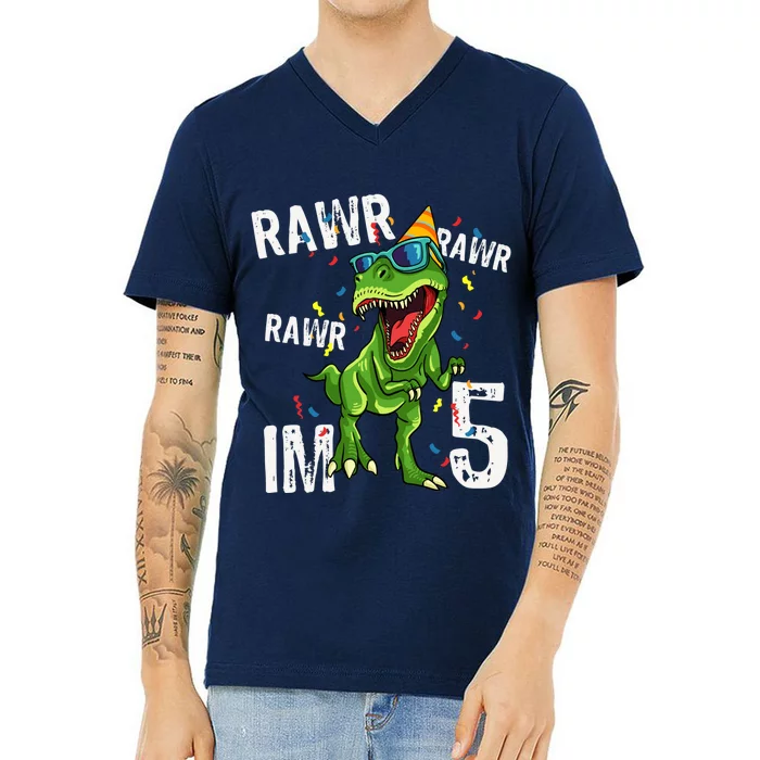 Rawr IM 5 Birthday Dinosaur Funny 5th Bday Boy Gift V-Neck T-Shirt