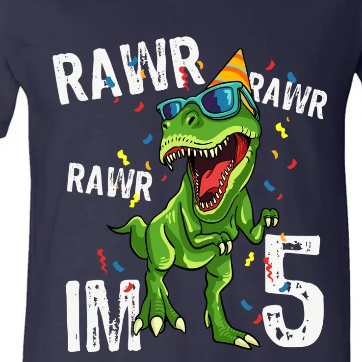 Rawr IM 5 Birthday Dinosaur Funny 5th Bday Boy Gift V-Neck T-Shirt