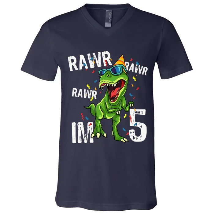 Rawr IM 5 Birthday Dinosaur Funny 5th Bday Boy Gift V-Neck T-Shirt