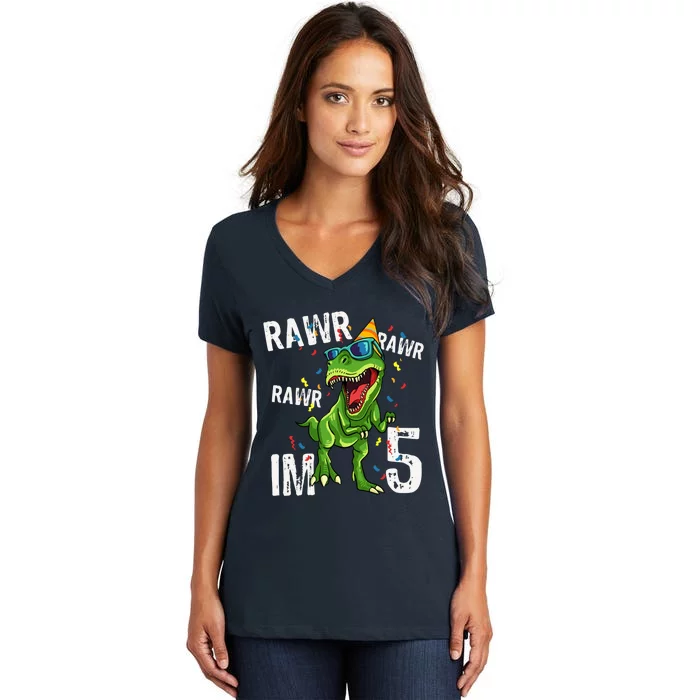 Rawr IM 5 Birthday Dinosaur Funny 5th Bday Boy Gift Women's V-Neck T-Shirt