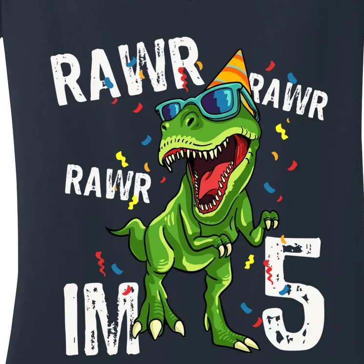 Rawr IM 5 Birthday Dinosaur Funny 5th Bday Boy Gift Women's V-Neck T-Shirt