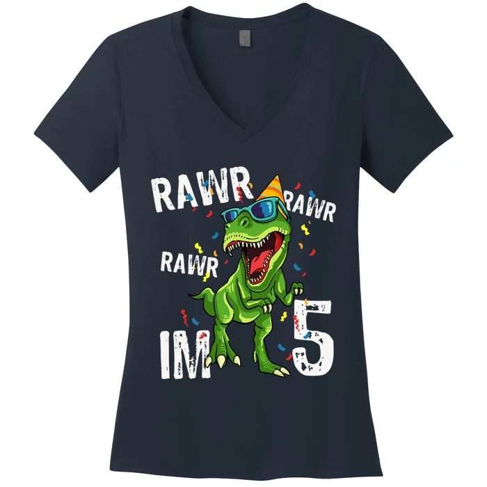 Rawr IM 5 Birthday Dinosaur Funny 5th Bday Boy Gift Women's V-Neck T-Shirt