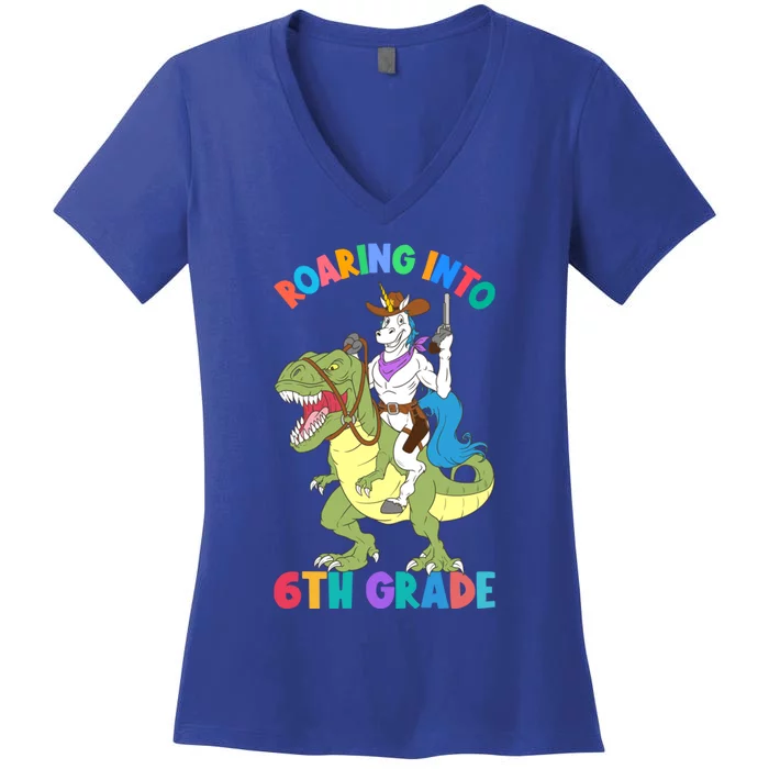 Roaring Into 6th Grade Unicorn Riding Dinosaur Back School Cute Gift Women's V-Neck T-Shirt