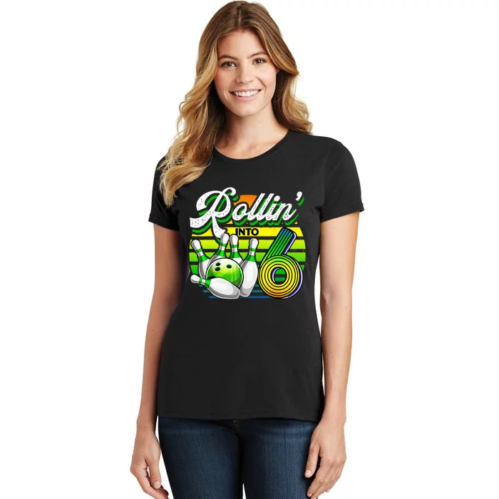 Rollin Into 6 Retro Bowling Ball 6th Birthday Party Women's T-Shirt