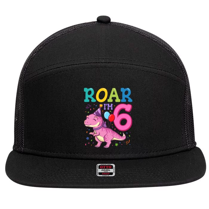 Roar Im 6 Year Old Dinosaur Girl 6th Birthday Party 7 Panel Mesh Trucker Snapback Hat