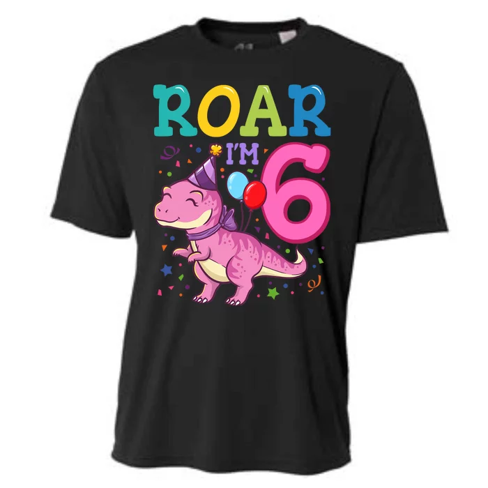 Roar Im 6 Year Old Dinosaur Girl 6th Birthday Party Cooling Performance Crew T-Shirt